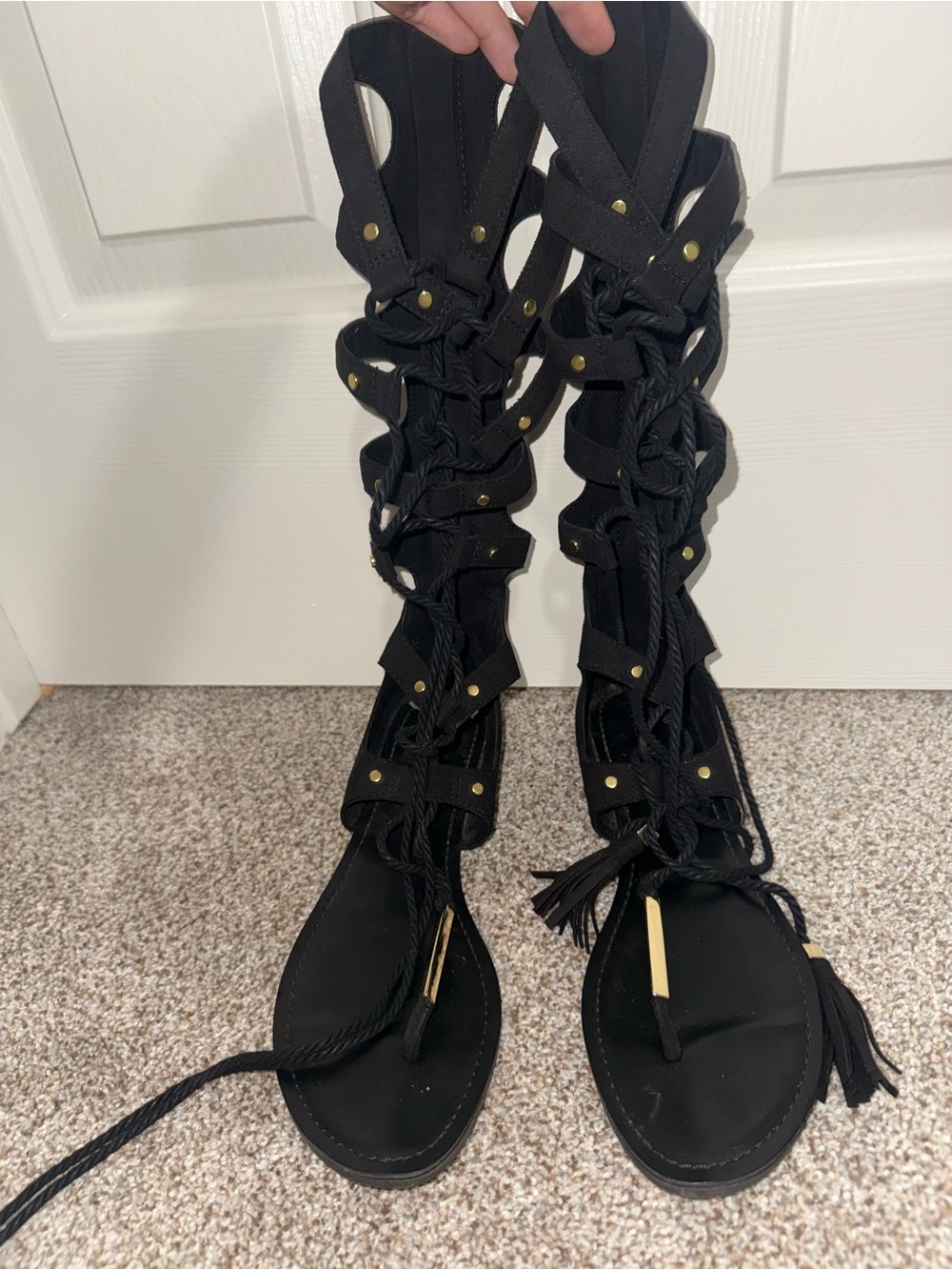 Aldo Black Gladiator Lace-Up Knee-High Sandals with Gold Accents